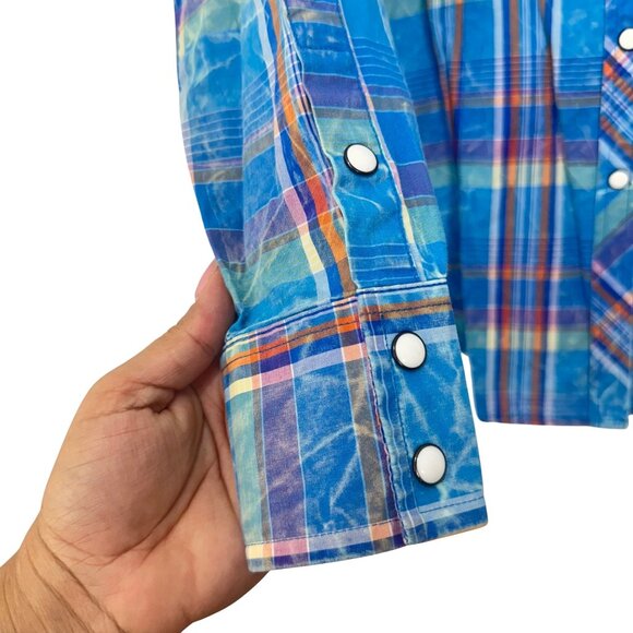Rock & Roll Cowgirl Blue Plaid Western Snap Button Fitted Shirt SZ M Embroidere - Picture 13 of 13